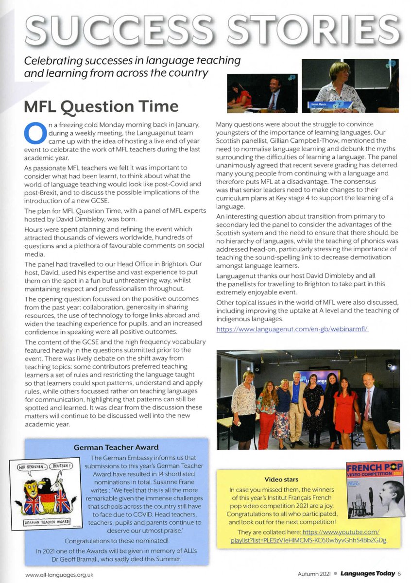languagenut's tweet photo. Excited to feature in the @ALL4language Languages Today Autumn edition. #MFLQuestiontime was such a success back in June, hosted by David Dimbleby. Thanks again to @HelenMyers, @RachelHawkes60,
@ValleFdez6, @SALTLANGS & Dominc Mott #MFLTwitterati https://t.co/kxWT9iseOb