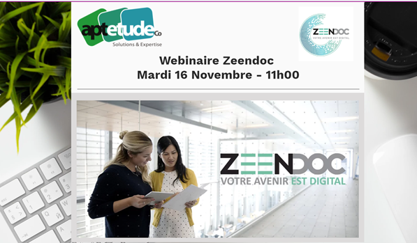 AptetudeCo's tweet photo. 📢📢 @AptetudeCo  vous donne rdv le 📅16 Novembre à 11h00 pour découvrir la solution @Zeendoc  : nous parlerons gestion électronique des documents, dématérialisation des échanges &amp; automatisation des tâches
▶Inscription : https://t.co/1jdByzpLxj https://t.co/SkoNsqlGJg