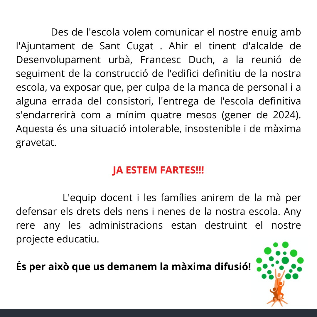 Comunicat de l'<a href="/esclamiradaSC/">Escola La Mirada</a> (on ens sumem les families) per les últimes noticies rebudes desde l'<a href="/ajsantcugat/">Aj. Sant Cugat</a> i el tinent d'alcalde <a href="/fraduchaltet/">Francesc Duch 🎗️</a> 
<a href="/educaciocat/">Educació</a> <a href="/JosepGCambray/">Josep G. Cambray</a> <a href="/mireiaingla/">Mireia Ingla Mas</a> 
#JaEstemFartes #volemunaescolaJA #ambleducacionoesjuga #LaMiradaIndignada #janhihaprou
