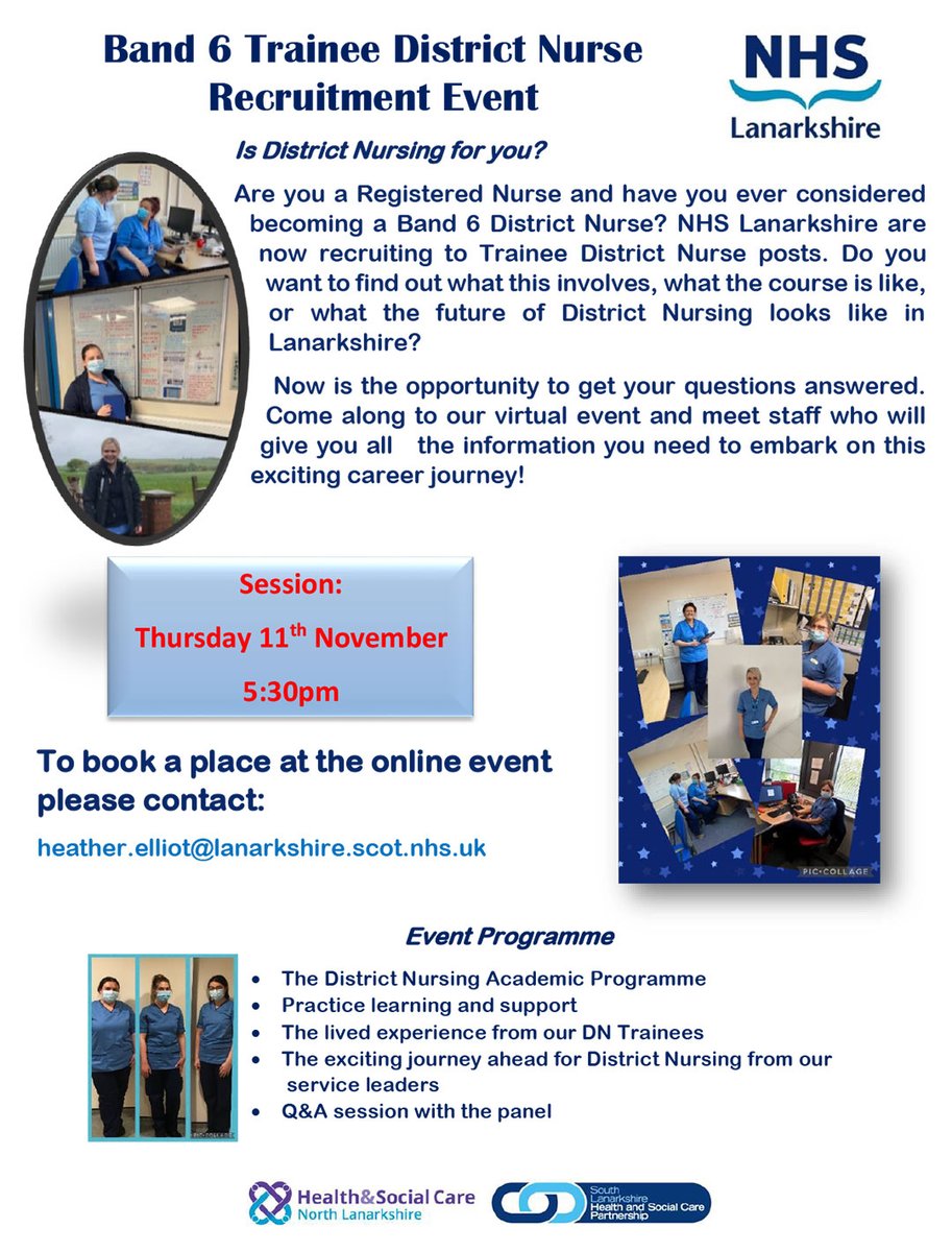 NHSLanarkshire's tweet photo. Are you a registered nurse and have considered becoming a Band 6 district nurse? Come along to our virtual recruitment event. https://t.co/E6ID1kGCvL