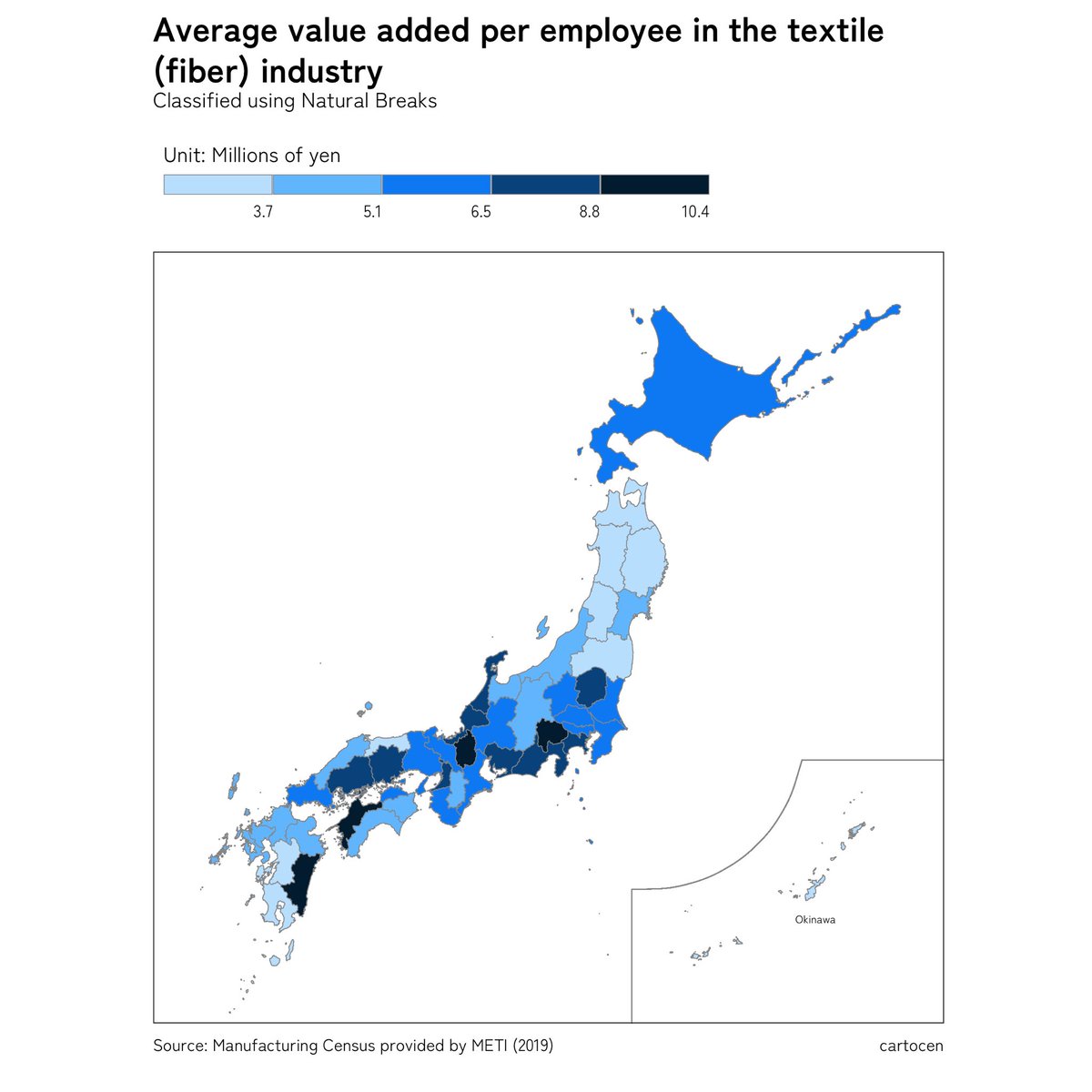 cartocen's tweet photo. Value added per employee in the Japanese textile industry 

#maps #DataViz #DataScience #rstats #地図 #地理 https://t.co/g5EMVZsJw1
