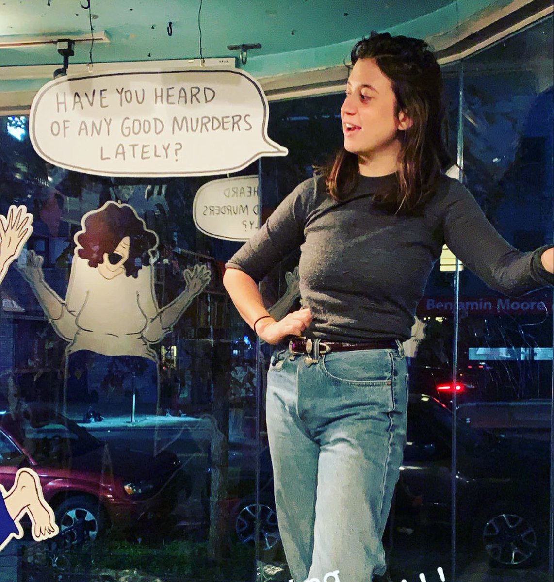cartoonsbyhil's tweet photo. My first window display!! If you’re walking around Williamsburg this month make sure you check out my dancin ladies at @desertislandbk !! #murderbook https://t.co/YG3YgtpbZY