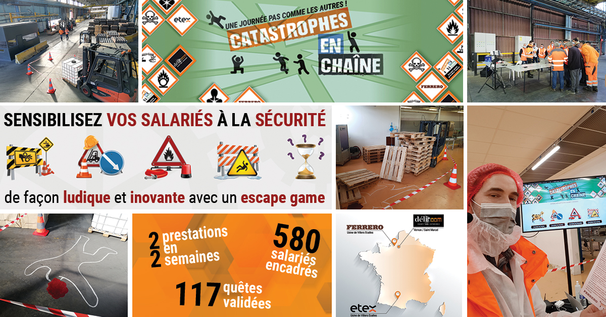 Déliroom a encadré 580 salariés lors de deux prestations teambuilding en sensibilisation à la sécurité au travail, pour les sociétés ETEX Group et de la société FERRERO.
Merci à tous les participants et aux encadrants.
#deliroomexperience #etexgroup #ferrero #catastrophesenchaine