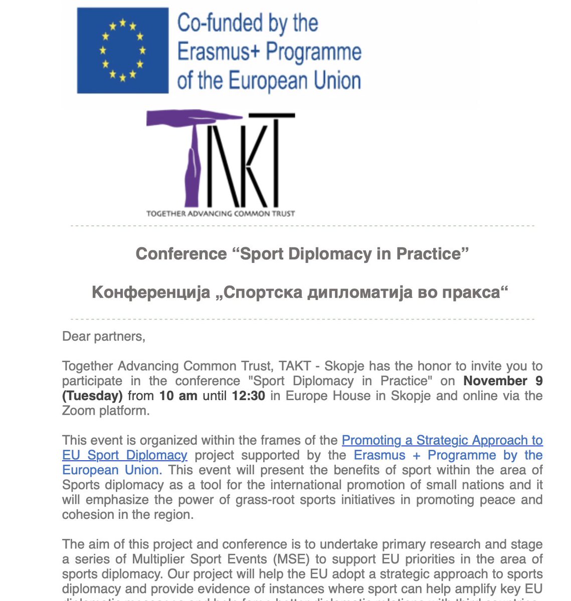Thks 👍🏽 <a href="/EUErasmusPlus/">Erasmus+</a> <a href="/TAKTngo/">TAKT</a> <a href="/SilvijaMitevsk1/">Silvija Mitevska</a>, teams in #Skopje🇲🇰 &amp; across #EU🇪🇺 Excited to be a panelist on ‘Sports diplomacy as a tool for international promotion of small nations’ @ the conference ‘Sport Diplomacy in Practice’- Конференција, Спортска дипломатија во пракса