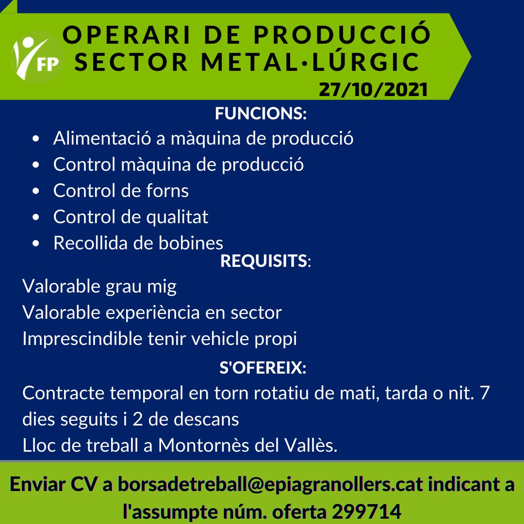 FPescolapiaGrn's tweet photo. Oferta de #feina #Operari de #Producció #montornesdelvalles https://t.co/7cUGNa6M5J