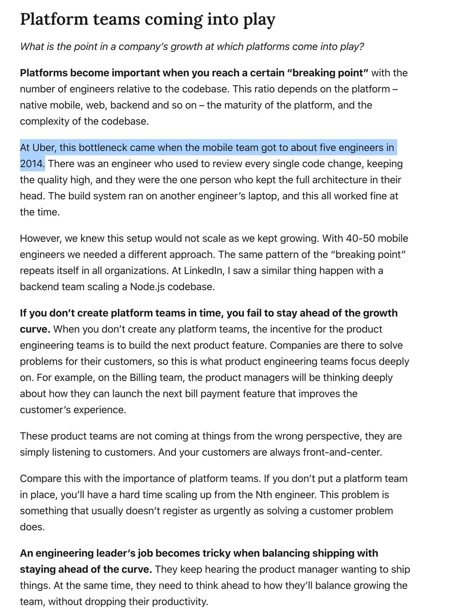 GergelyOrosz's tweet image. One of the most surprising facts about the mobile platform team at Uber: it was created when there were five (!!) mobile engineers in total. This was in 2014.

Screenshot is from the interview with Ganesh Srinivasan, former VP of engineering at Uber who built out this team.