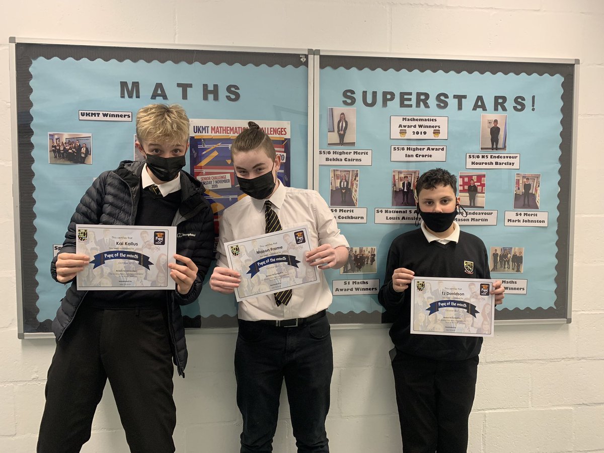 Congratulations to my pupils of the month Kai, Mason and TJ in S2! Well done for revising so hard and doing fantastic in your first S2 Maths test👏🏼👏🏼 <a href="/GraemeHighMaths/">GHS Maths</a> <a href="/GHSfalkirk/">Graeme High School</a>