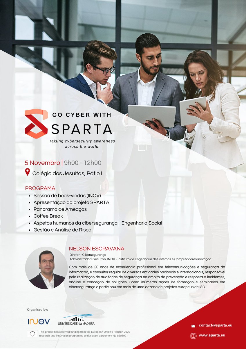 sparta_eu's tweet photo. GO CYBER WITH SPARTA at #Madeira, #Portugal! Raising #CyberSecurityAwareness across the globe 🌎 Today with @Escravana on #threats landscape, #human aspects on cybersecurity and #riskmanagement Promoted by @INOVinesc @UMaGIRP &amp; @EU_Commission 🇪🇺
@Cybersec_ECCC @DigitalEU @enisa https://t.co/li0rKilLjc