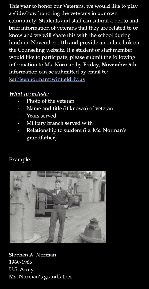 There’s still time to get your Veterans Day photos in! We will be extending the deadline for submissions to Tuesday, November 9th for those still wanting to participate