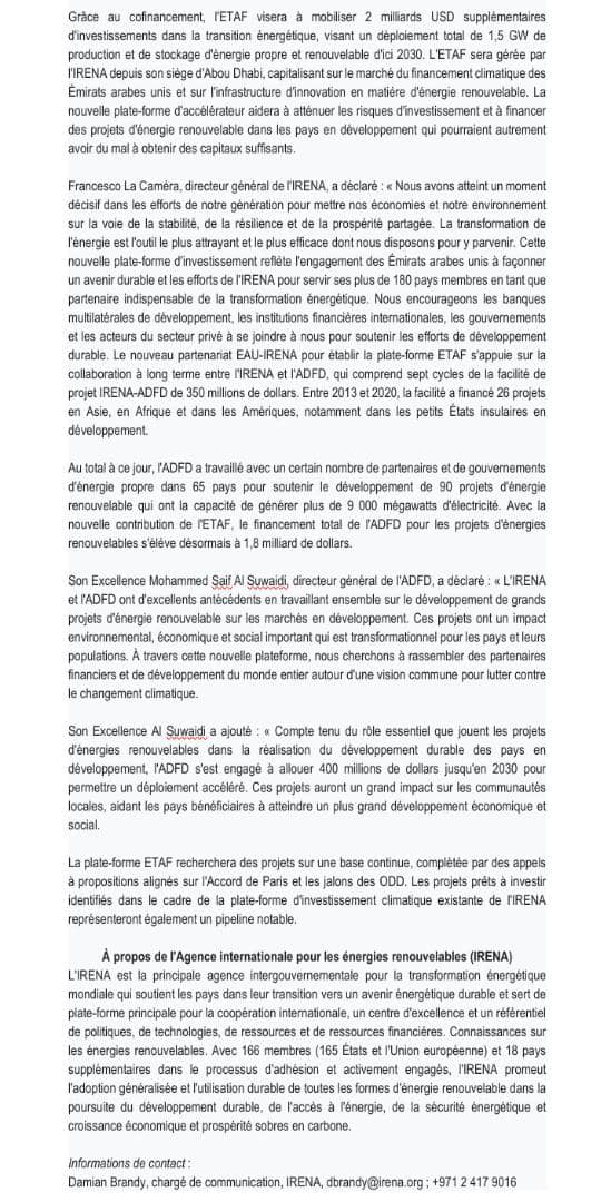esso_armand's tweet photo. @minesenergie_tg Energies renouvelables: #400millions de dollars du Fonds d'Abu Dhabi, c'est le financement qu'à obtenu #ETAF lors de la #COP26 en présence du PR FEG selon le #communiqué d'IRENA. https://t.co/rwyRWRkSk4