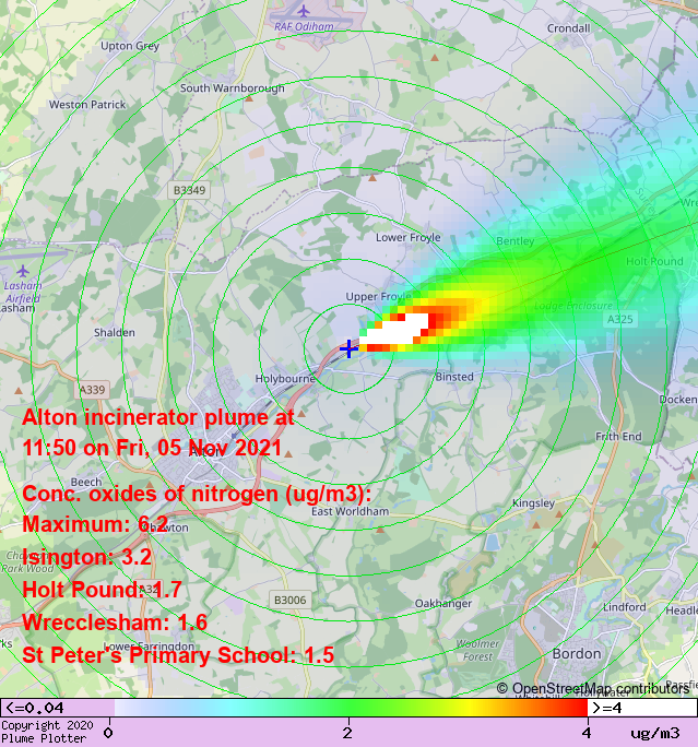 plumeplotter's tweet photo. Latest Alton incinerator plume plot, 11:50 05/11/21 #Isington #HoltPound #Wrecclesham https://t.co/VMzYTwGnPN https://t.co/DkTRYPaEWi