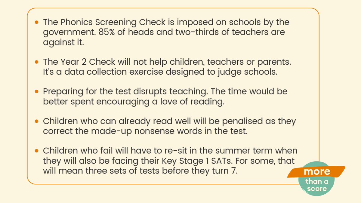 MoreThanScore's tweet photo. If you have a child in year 2 or know someone who does, these are the facts about the year 2 Phonics Check. #Phonicsscreening #phonicscheck Want to halt these unnecessary tests, sign our petition today: https://t.co/yioYyncbs1 https://t.co/BtRGp9iQsz