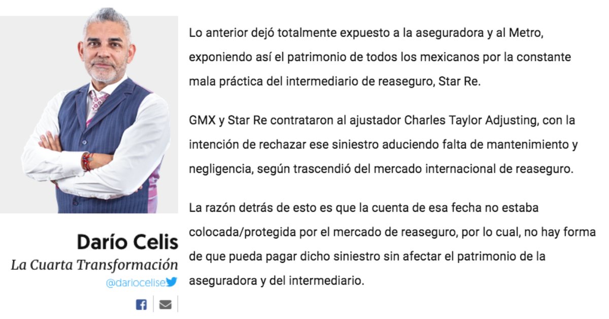 dariocelise's tweet photo. #LaCuartaTransformación
@GMXSeguros y #StarRe contrataron al ajustador Charles Taylor Adjusting, con la intención de rechazar ese siniestro aduciendo falta de mantenimiento y negligencia, según trascendió del mercado internacional de reaseguro.
https://t.co/OwEXwGenkg https://t.co/JVBUwoo12K