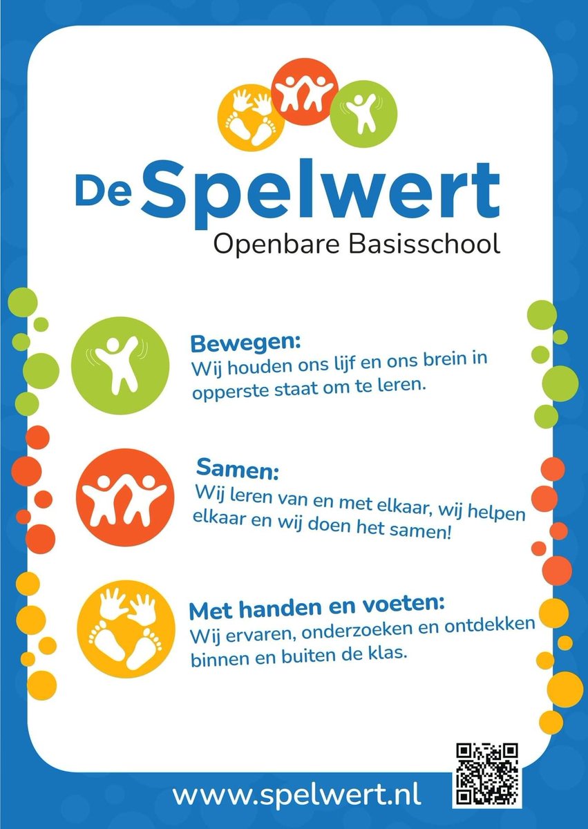 ANKERPUNTEN

Bij alle lessen en activiteiten van de kinderen op De Spelwert betrekken we onze ankerpunten. We zijn blij dat ze nu ook zo mooi op een poster zijn verwerkt. We maken ze zo zichtbaar door de hele school!

#bewegen #samen #methandenenvoeten