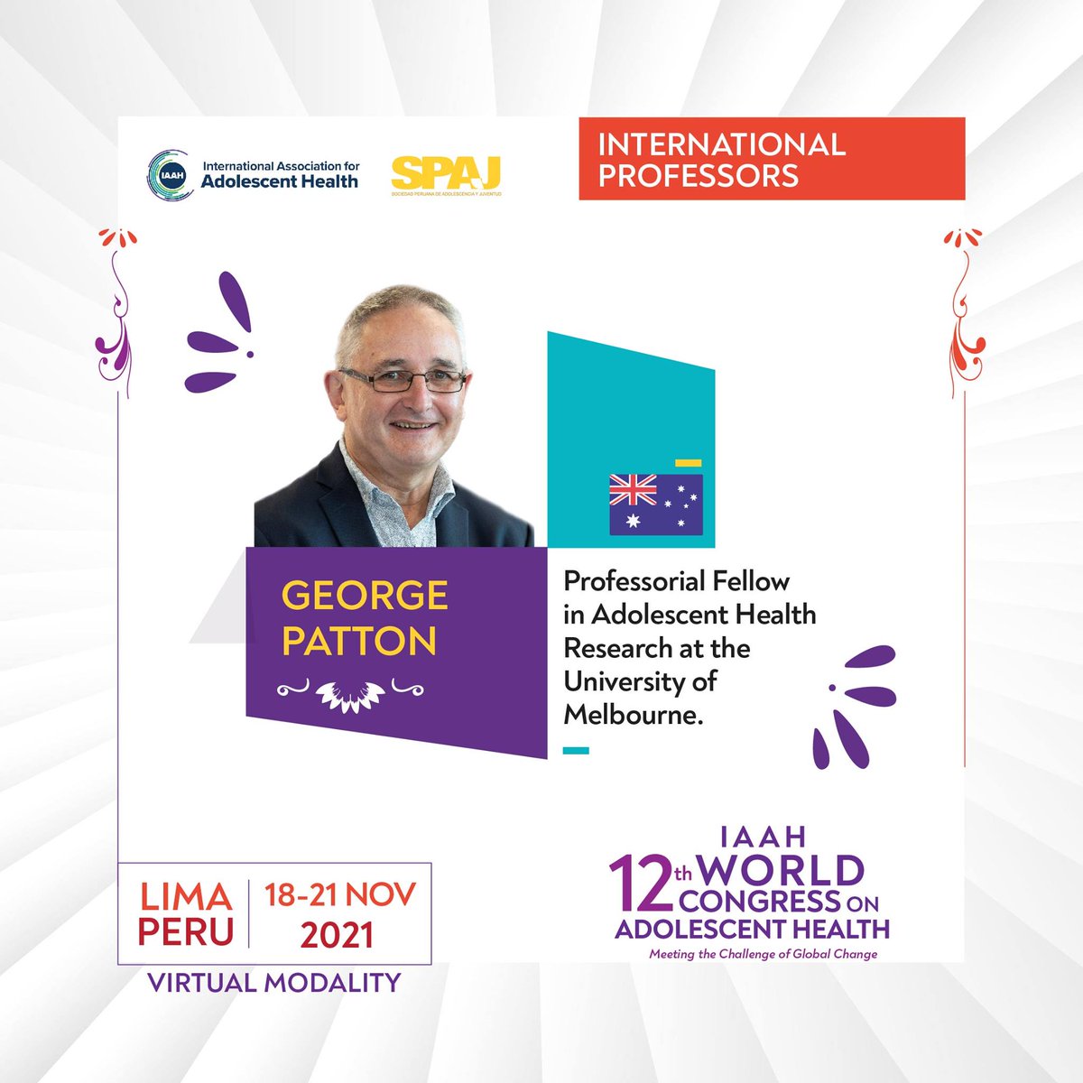 IAAHglobal's tweet photo. MEET THE INTERNATIONAL PROFESSORS
๐จโ๐ซ Prof. GEORGE PATTON, Professorial Fellow in Adolescent Health Research at the University of Melbourne. Register now for this Global Adolescent Health Event! https://t.co/eMkRCUaSXw
#IAAHYPN #IAAH21Congress #spaj #adolescenthealth https://t.co/eoCGStBQfz