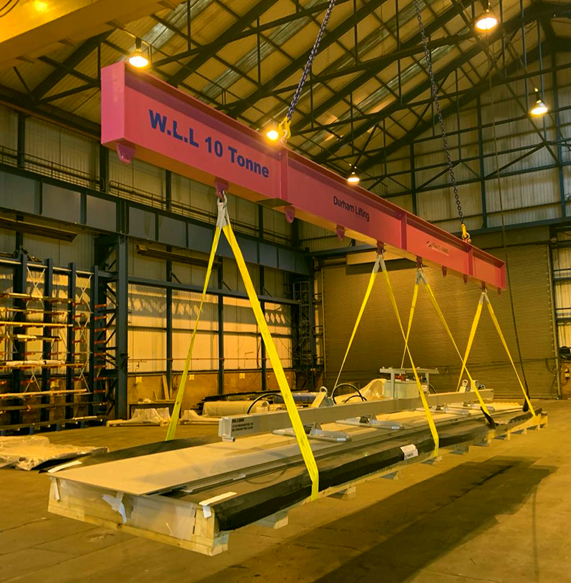 DurhamLifting's tweet photo. Designed, manufactured and proof load tested in-house, 10 Tonne Multi Point Lifting Beam for lifting steel bundles. Multiple Lower Lift Points up to 9.25mtr maximum lift centres. Dressed with Shackles and supplied with Header Chains & Lower Connection Flat Web Slings. #multisec https://t.co/WdFPSIyxWh
