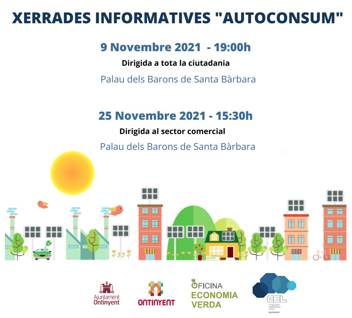 🗣Xerrada sobre AUTOCONSUM! 🌞
📆9 de novembre a les 19h
📍Palau dels Barons de Santa Bàrbara.

Amb col·laboració de <a href="/ecoverdaonti/">economiaverdaontinyent</a> ,vos explicarem totes les possibilitats d'autoconsum:
☝️Autoconsum individual
🤲 Autoconsum col·lectiu
🙌 Autoconsum col·lectiu compartit