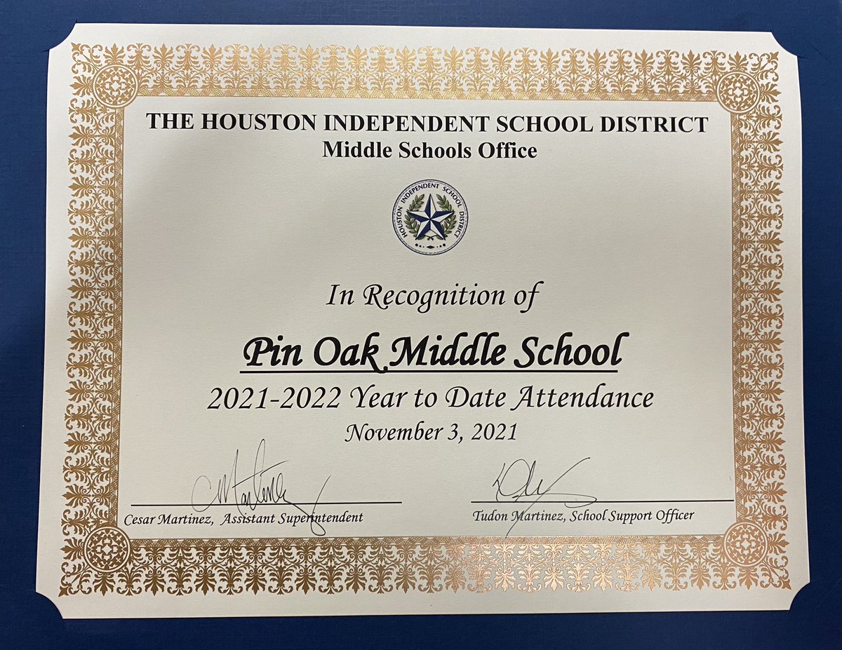 Proud Principal moment this week as <a href="/pinoakms/">Pin Oak Middle School</a> was recognized for Outstanding Attendance. This is a testament to our students, parents &amp; teachers commitment to closing gaps &amp; maximizing academic excellence for all students. #WeArePinOak #ChargerNation #MagicHappensHere