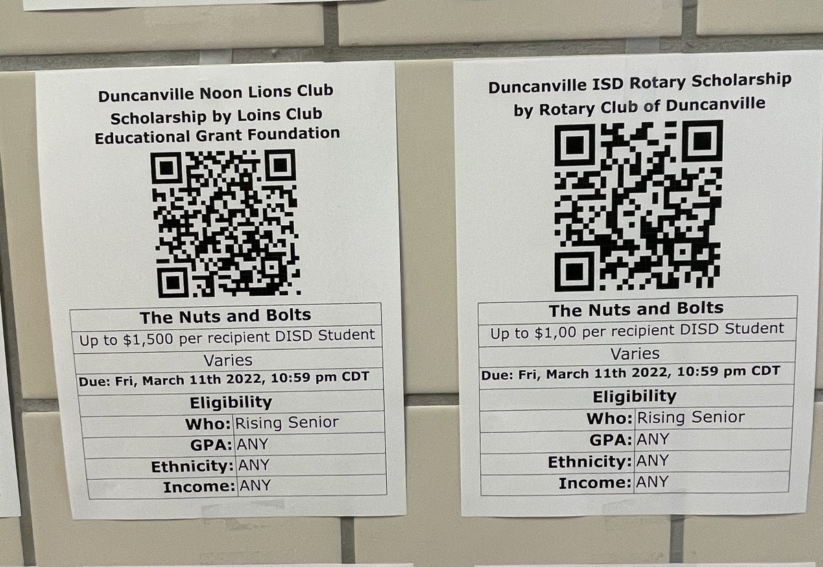 Ms_Staats's tweet photo. We are committed @Duncanville_HS to helping our seniors graduate college ready! Check out our scholarship wall. Scan the QR code and fill out the application #Dville #UnstoppableExcellence #academicchampions #collegeready @DHS_Leader https://t.co/2evTc2lYj3