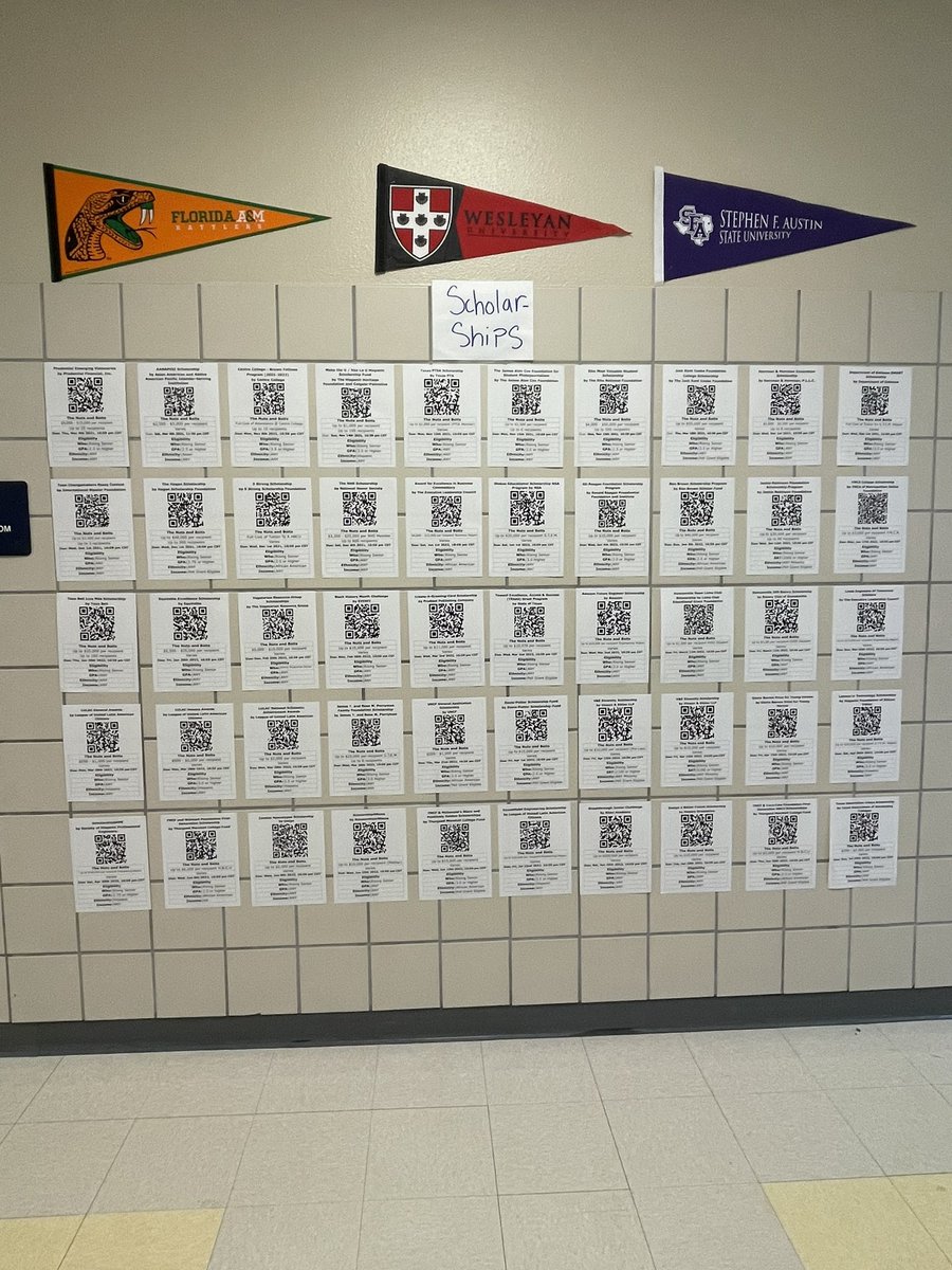 Ms_Staats's tweet photo. We are committed @Duncanville_HS to helping our seniors graduate college ready! Check out our scholarship wall. Scan the QR code and fill out the application #Dville #UnstoppableExcellence #academicchampions #collegeready @DHS_Leader https://t.co/2evTc2lYj3