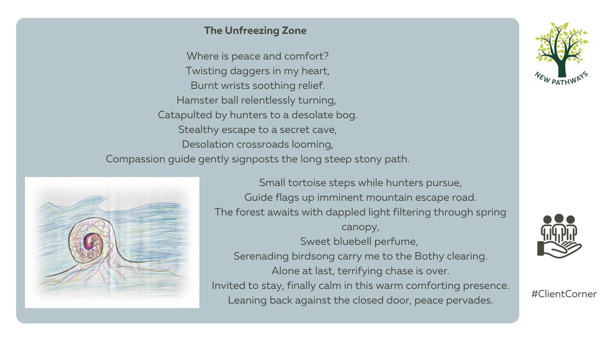 newpathways_'s tweet photo. This Friday's #clientcorner is a poem about a journey of recovery, finding a place of peace: The Unfreezing Zone.
#clientcorner #survivorvoices #sexualviolence https://t.co/1FbRrWirf7