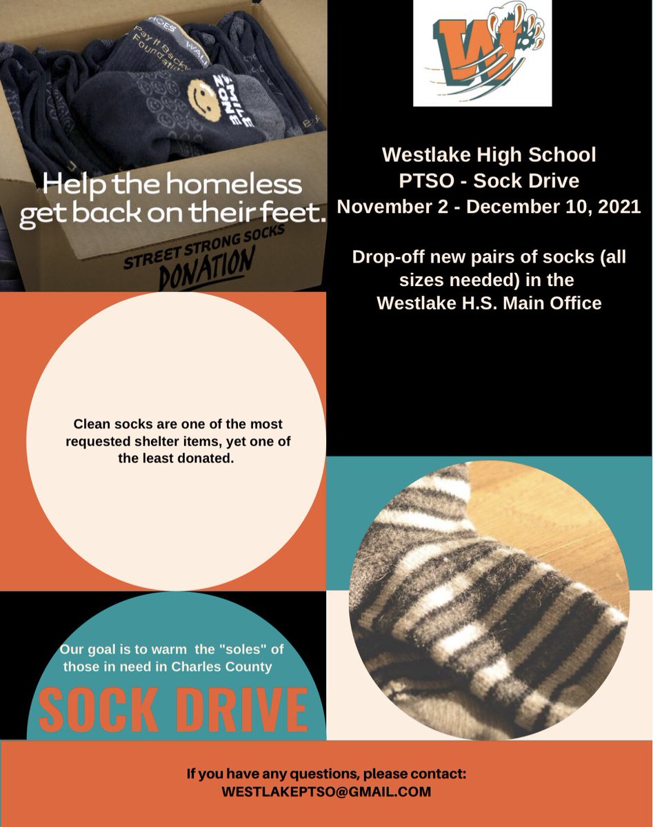 Please support the Westlake PTSO SOCK DRIVE. Socks are the most need but least donated items. <a href="/Athletics__WHS/">Westlake Athletics</a> <a href="/Westlake_HS/">Westlake High School</a> <a href="/westlakeSGA/">Westlake High School</a>
