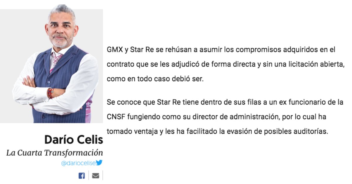 dariocelise's tweet photo. #LaCuartaTransformación
@GMXSeguros y #StarRe se rehúsan a asumir los compromisos adquiridos en el contrato que se les adjudicó de forma directa y sin una licitación abierta, como en todo caso debió ser.
https://t.co/OwEXwGenkg https://t.co/p0GPOHYOeu