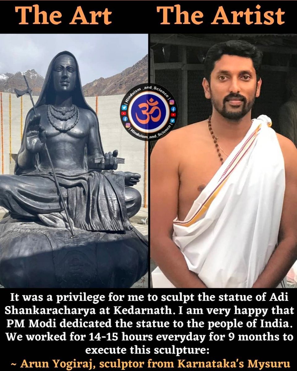 NeetuGarg6's tweet photo. Meet Arun Yogiraj, artist who sculpted #AdiShankaracharya 's 12 feet statue set up in Kedarnath

He concentrated on a 360 degrees view of the statue &amp; gave importance to structure, posture, gesture, realistic part, traditional aspects, the divinity in the face with other things. https://t.co/zsskTX70u9