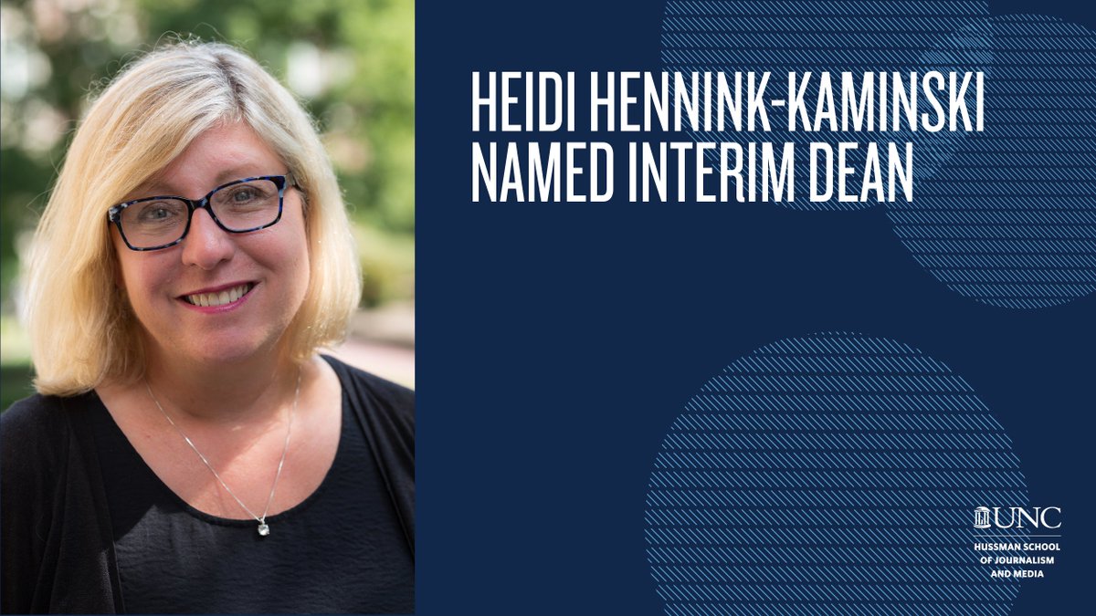 UNCHussman's tweet photo. Hugh Morton Distinguished Professor Heidi Hennink-Kaminski, current senior associate dean for graduate studies in the UNC Hussman School of Journalism and Media, will become the school’s interim dean on January 1, 2022. https://t.co/lzJveVfvUx https://t.co/h4xGJB20GP