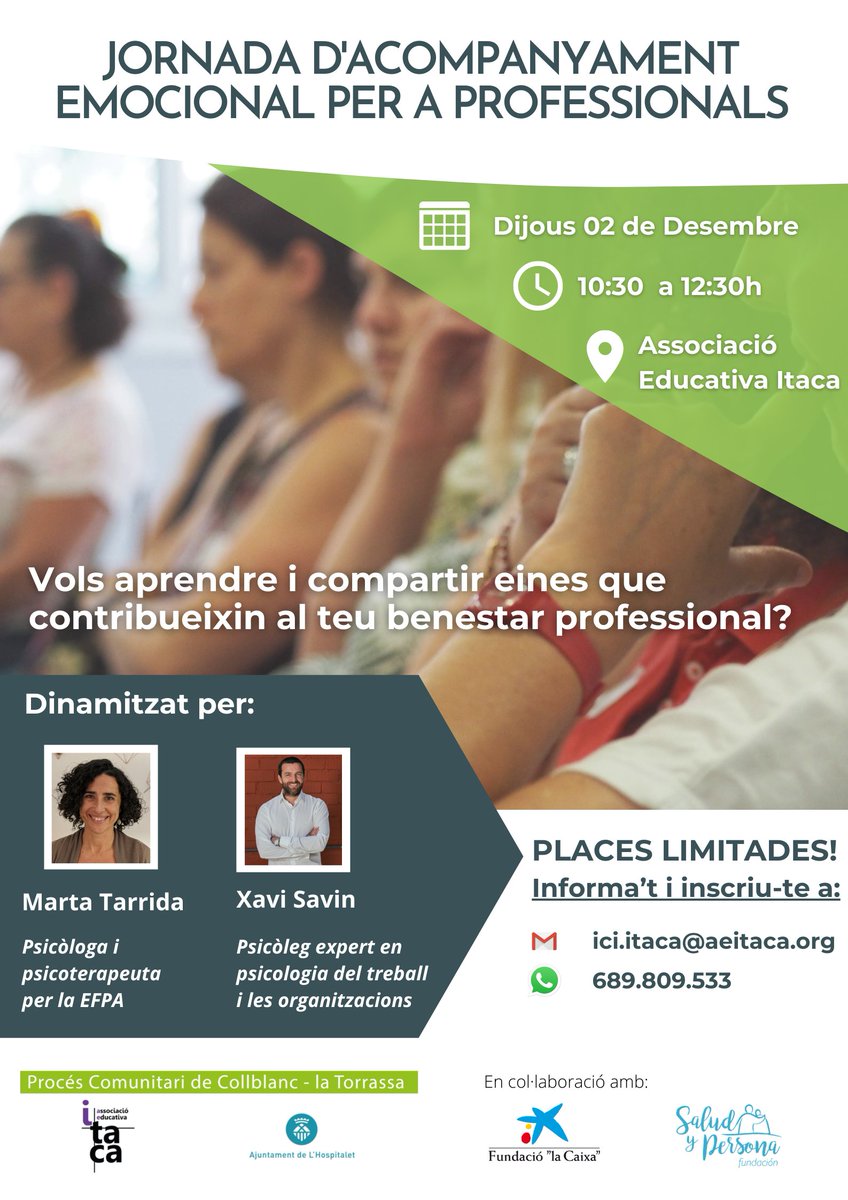 📢 Us presentem el cartell de Jornades d'acompanyament emocional per a professionals!

📆 2 de desembre
⏰ 10h a 12:30h
📍 Associació Educativa Itaca

Vine a cuidar el teu benestar professional i a aprendre eines per fer-ho!

👉 Inscripcions a: ici.itaca@aeitaca.org o 689809533