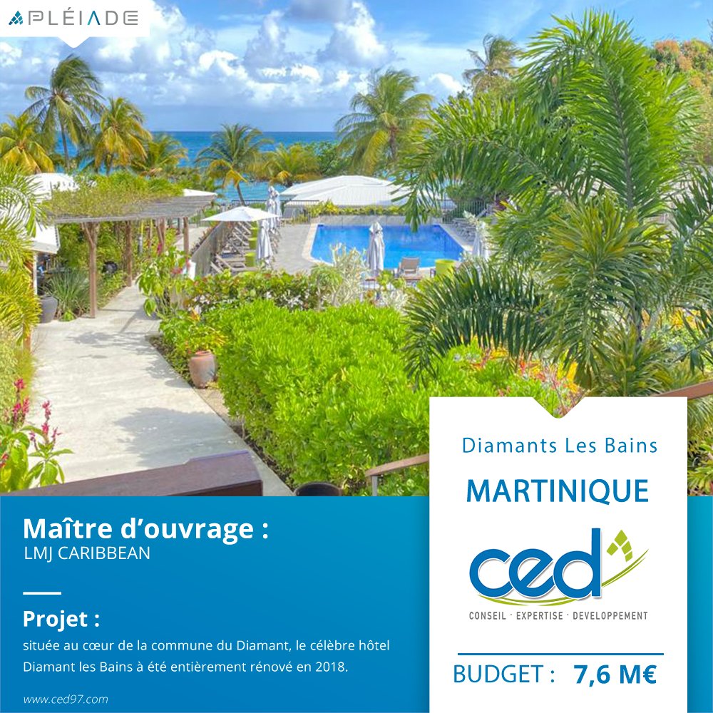 GroupePLEIADE's tweet photo. L'hôtel Diamant les Bains a été entièrement rénové en 2018, il est situé au cœur de la commune du Diamant

MO: LMJ Caribbean
Budget Travaux: 7,6 M€
Début des travaux: 12/2016
Date de livraison: 12/2018
Entreprise: CED

#construction #bâtiment #guyane #btp #diamantlesbains #hôtel https://t.co/kr17MlIso2