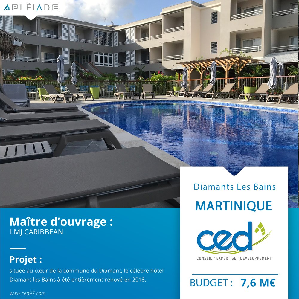 GroupePLEIADE's tweet photo. L'hôtel Diamant les Bains a été entièrement rénové en 2018, il est situé au cœur de la commune du Diamant

MO: LMJ Caribbean
Budget Travaux: 7,6 M€
Début des travaux: 12/2016
Date de livraison: 12/2018
Entreprise: CED

#construction #bâtiment #guyane #btp #diamantlesbains #hôtel https://t.co/kr17MlIso2