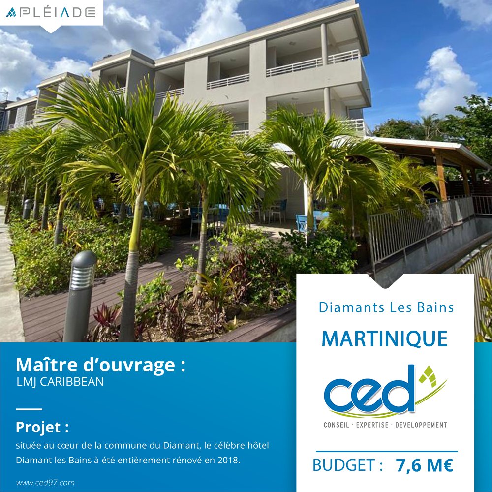 GroupePLEIADE's tweet photo. L'hôtel Diamant les Bains a été entièrement rénové en 2018, il est situé au cœur de la commune du Diamant

MO: LMJ Caribbean
Budget Travaux: 7,6 M€
Début des travaux: 12/2016
Date de livraison: 12/2018
Entreprise: CED

#construction #bâtiment #guyane #btp #diamantlesbains #hôtel https://t.co/kr17MlIso2