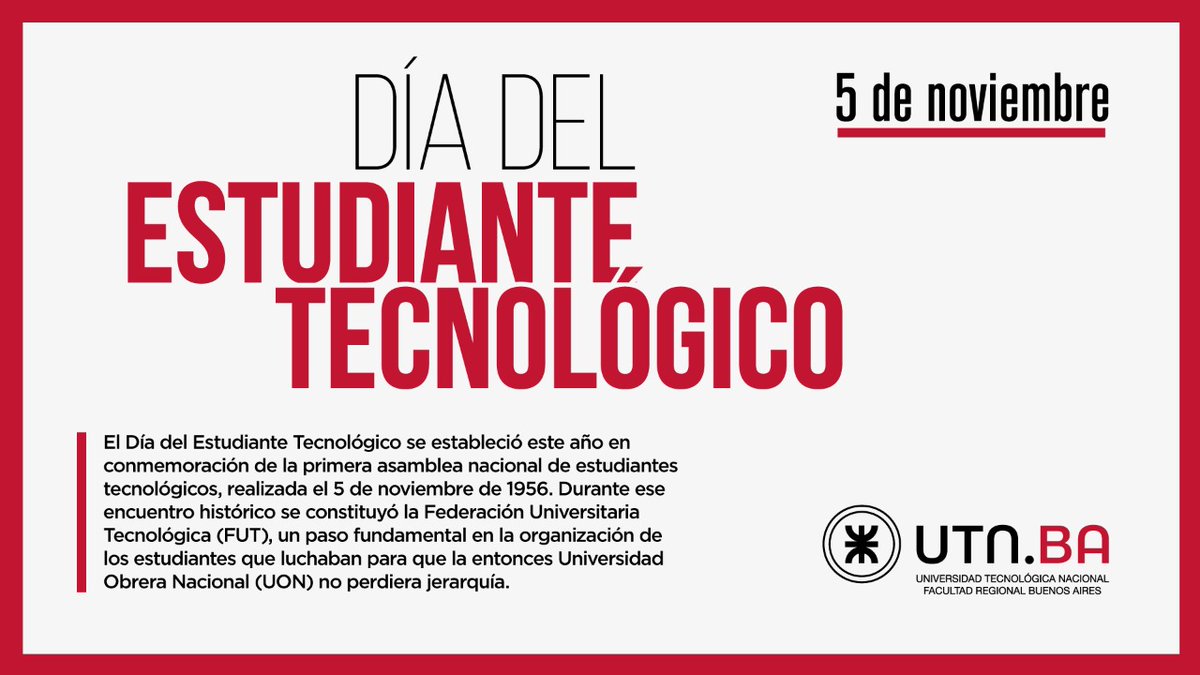 frbautn's tweet photo. En 2018 el Consejo Superior de la #UTN aprobó por unanimidad el Proyecto de Resolución de Declaración del Día del/de la Estudiante Tecnológico/a el 5 de noviembre, en reconocimiento a los estudiantes, sus organizaciones y luchas en la UTN.

¡Feliz Día estudiantes tecnológicos! https://t.co/81A1Xo28Na