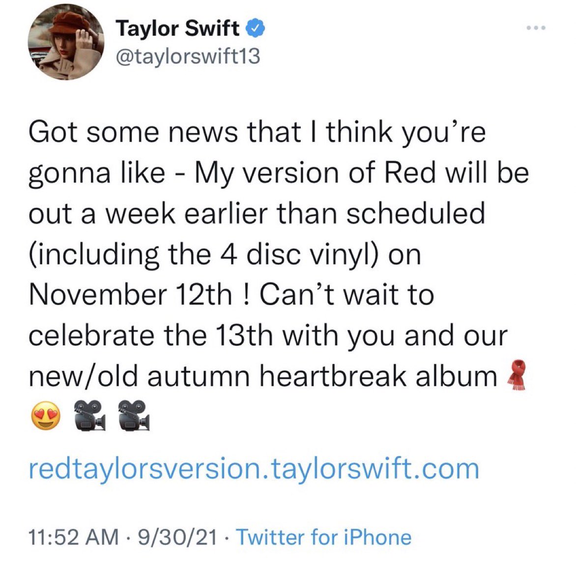 SwiftNYC's tweet photo. Taylor’s tweet that hinted at the All Too Well 10 minute version short film! The emojis 🧣👀 #RedTaylorsVersion https://t.co/BFSisck2th