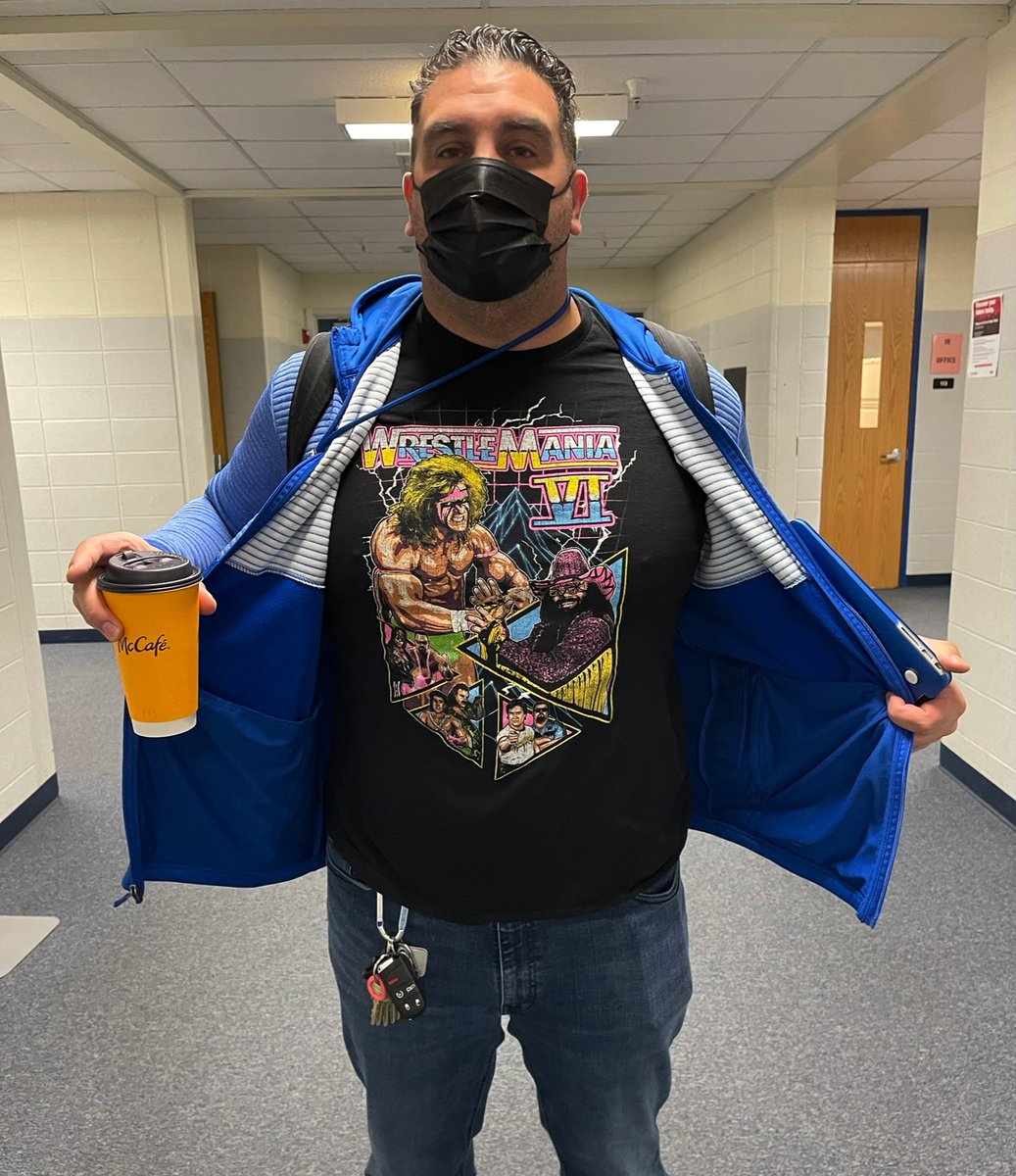 “Oooooooooo yeah!!!” You know it’s going to be an excellent Friday when you come across <a href="/WHScatsLAX/">Wheeling Lacrosse</a> Coach Karamitos wearing an amazing shirt!!! <a href="/Wheeling_Cats/">Wheeling High School</a> 😺💙💛

“Dig it!” 

P.S. Coach K’s Macho Man impersonation is magical 🧙‍♂️