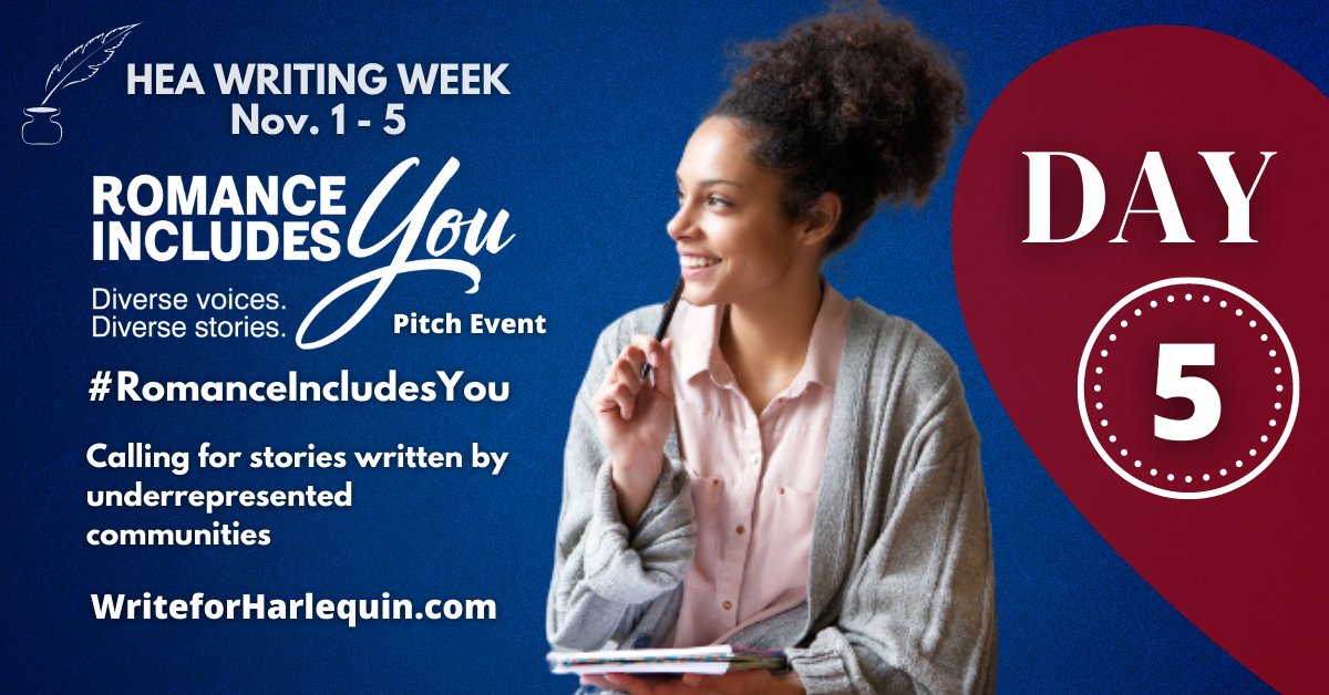 Write4Harlequin's tweet photo. TODAY!! We're looking for pitches from authors in underrepresented communities. Editors will be monitoring Twitter for story pitches with the #RomanceIncludesYou hashtag until 7pm EST.
Details: https://t.co/Dq5tEHg7yE #WritingHEA #NaNoWriMo https://t.co/G0aFWzl8ar