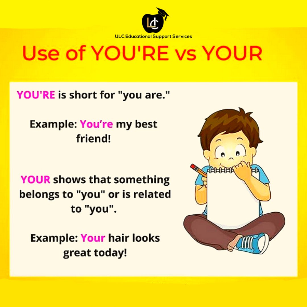 ulctutor's tweet photo. You’re is a combination of the words, you and are. This is called a contraction.

Your is possessive, meaning that something belongs to you or the person you are speaking to.

Learn more at https://t.co/LTem6Mern1

#ULCTutoring #OnlineTutoring #KeepLearning #studentlife https://t.co/2KQSlDTnp7