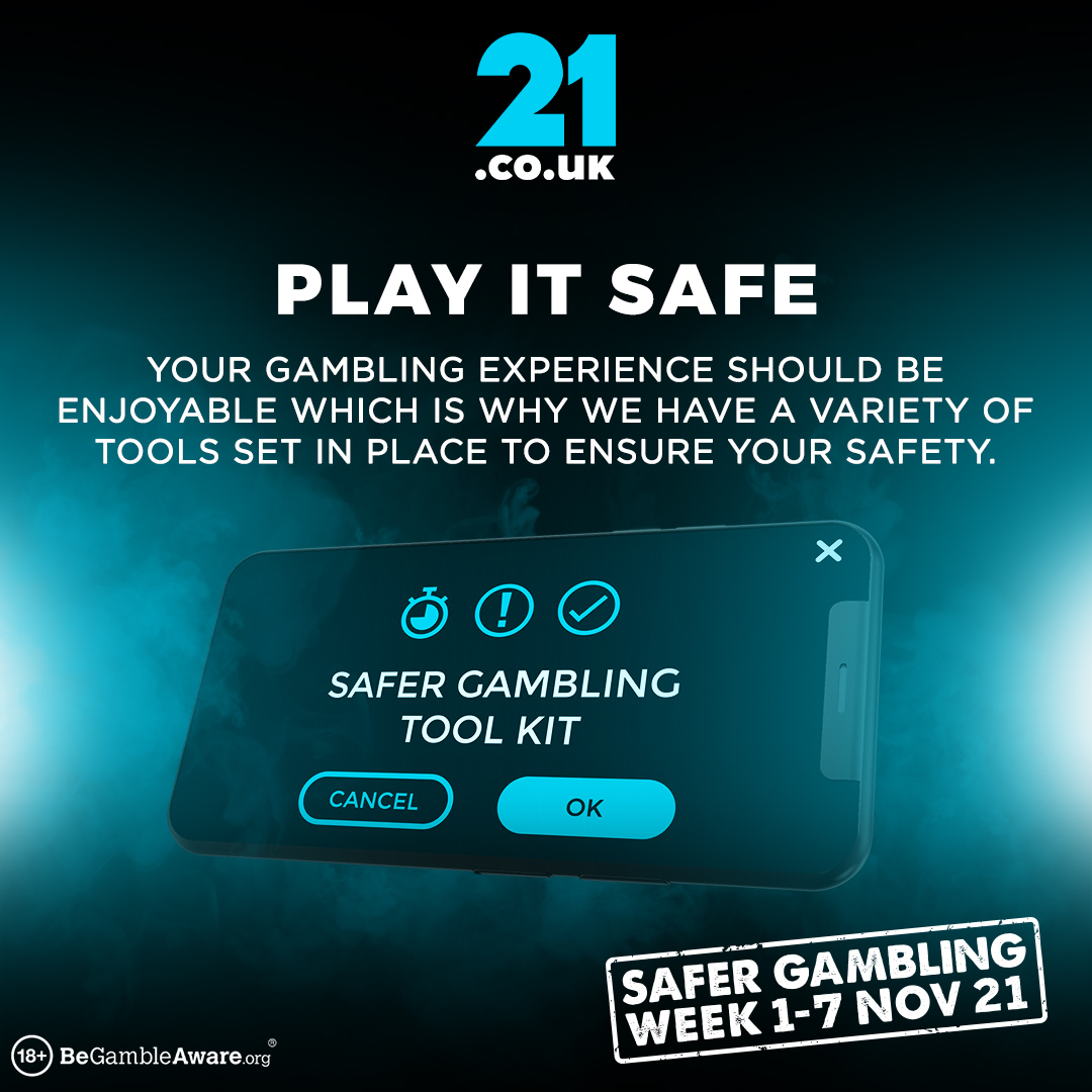 21couk's tweet photo. PLAY IT SAFE 

To keep your gambling experience enjoyable we have a full toolkit available to help keep you safe while you play. 🎲

Find out more at https://t.co/YbxgKkLsAS
#SGWeek21 @sgweek21 https://t.co/ws0xBSr7Gn