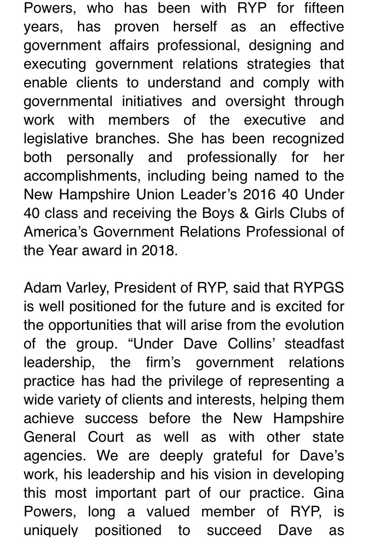 AdamSextonWMUR's tweet photo. Inbox: big behind-the-scenes news at the State House — @groto21 will be the new President of RYP Granite Strategies, succeeding David Collins who is retiring at the end of this legislative session. #NHPolitics https://t.co/rifuWfWk6y