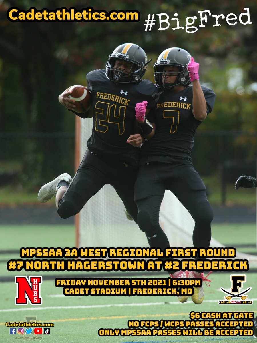 Reminder that tonight’s 6:30pm regional first round playoff game at Cadet Stadium between <a href="/CadetsFootball/">Frederick High School Cadet Football</a> and <a href="/Hubs_Football/">Hubs Football</a> is an MPSSAA event and admission is: 

*$6 cash at gate for all individual 7 &amp; up
*No FCPS / wcps passes accepted
*Only mpssaa passes will be accepted