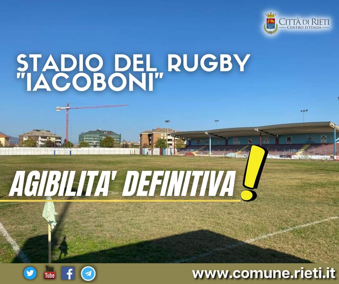 Comune_Rieti's tweet photo. Agibilità definitiva anche per lo stadio del Rugby. @RobDonati : “prosegue il percorso che avevamo indicato come priorità. Impianti più sicuri e più moderni”. https://t.co/UvxaL28c7U https://t.co/Pmgwzn3OfZ