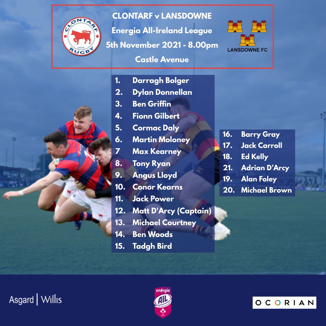 ClontarfRugby's tweet photo. Here’s your Clontarf team for tonight’s Energia AIL game against @LansdowneFC 

Friday Night Lights 🚥! 

See you in Castle Avenue✨🐂

#WhoAreWe #EnergiaAIL https://t.co/B0qUbYJQuW
