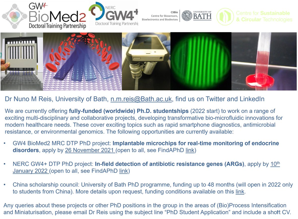 Dr Nuno M Reis (@nunomreis) on Twitter photo Fully-funded #PhD studentships (2022 start) in our research team at <a href="/UniofBath/">University of Bath</a> 
<a href="/C3Bio_Bath/">C3Bio</a>   @GW4BioMedDTP 
<a href="/GW4plusDTP/">NERC GW4+ Doctoral Training Partnership</a>
 apply now. Fully-funded #PhD studentships (2022 start) in our research team at <a href="/UniofBath/">University of Bath</a> 
<a href="/C3Bio_Bath/">C3Bio</a>   @GW4BioMedDTP 
<a href="/GW4plusDTP/">NERC GW4+ Doctoral Training Partnership</a>
 apply now.