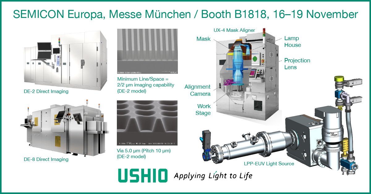 USHIO_Europe's tweet image. #SEMICON Europa visitors will see the European launch of several new Ushio products. A new #LEDheater, #DirectImaging systems, full-field projection #maskaligner, and #LPP – the brightest #EUV laser-produced plasma.
ushio.eu/semicon-europa…
#semiconductor #technology #newrelease