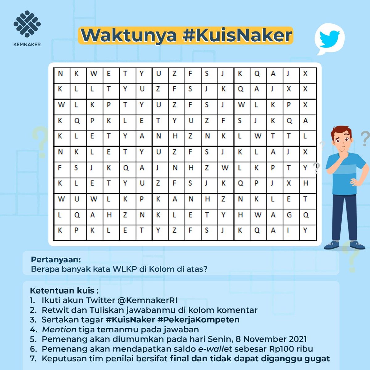 KemnakerRI's tweet photo. Ada yg mau saldo e-wallet 100k dari Minaker? Gampang banget, syaratnya. Rekanaker cuma jawab teka-teki di bawah ini dan ikuti ketentuan syaratnya.

Minaker akan umumkan hari Senin ya 😉 ajakin Rekanaker yg lain juga, yuk

Good luck 😉 https://t.co/FobON6oBbg
