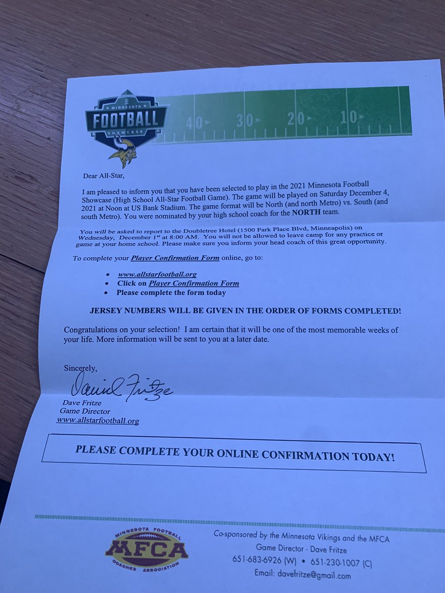 Very excited to be selected to play in the Minnesota football All-Star game‼️<a href="/FridleyFootball/">Fridley Football</a> <a href="/PrepRedzoneMN/">Prep Redzone Minnesota</a>