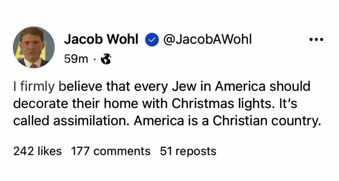 jenresisted's tweet photo. Jacob Wohl saying the quiet part out loud. This is what every republican really means when they suggest we should all be saying “Merry Christmas” again. https://t.co/Gvf34DII0y