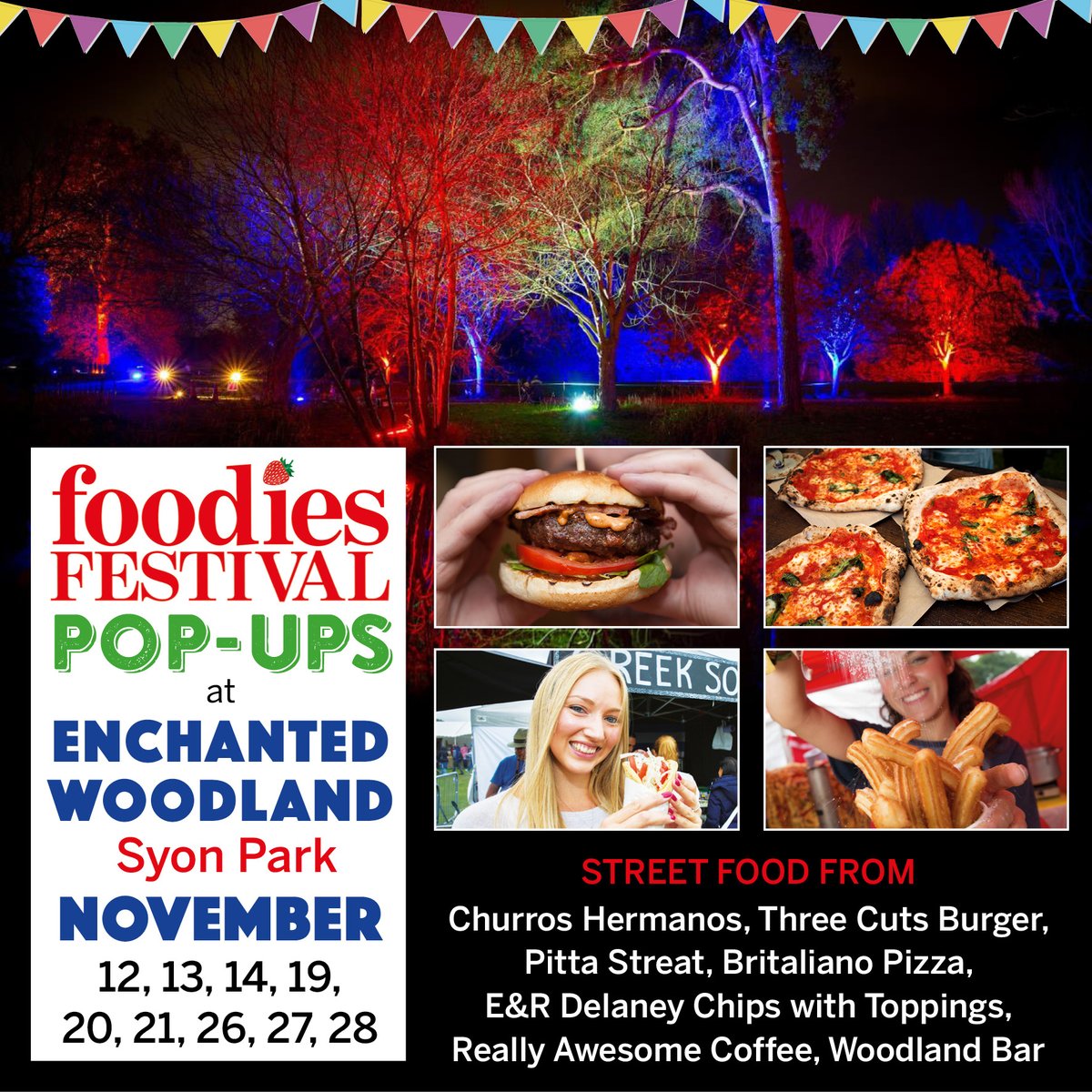 Feeling hungry?🍕🍔

The @FoodiesFestival Street Food pop up is back for #EnchantedWoodland 2021!

There will be tasty treats for the whole family, including churros, gourmet burgers, Greek souvlaki, loaded fries, mulled wine and hot drinks. 

#FoodiesFestival #Foodies #SyonPark
