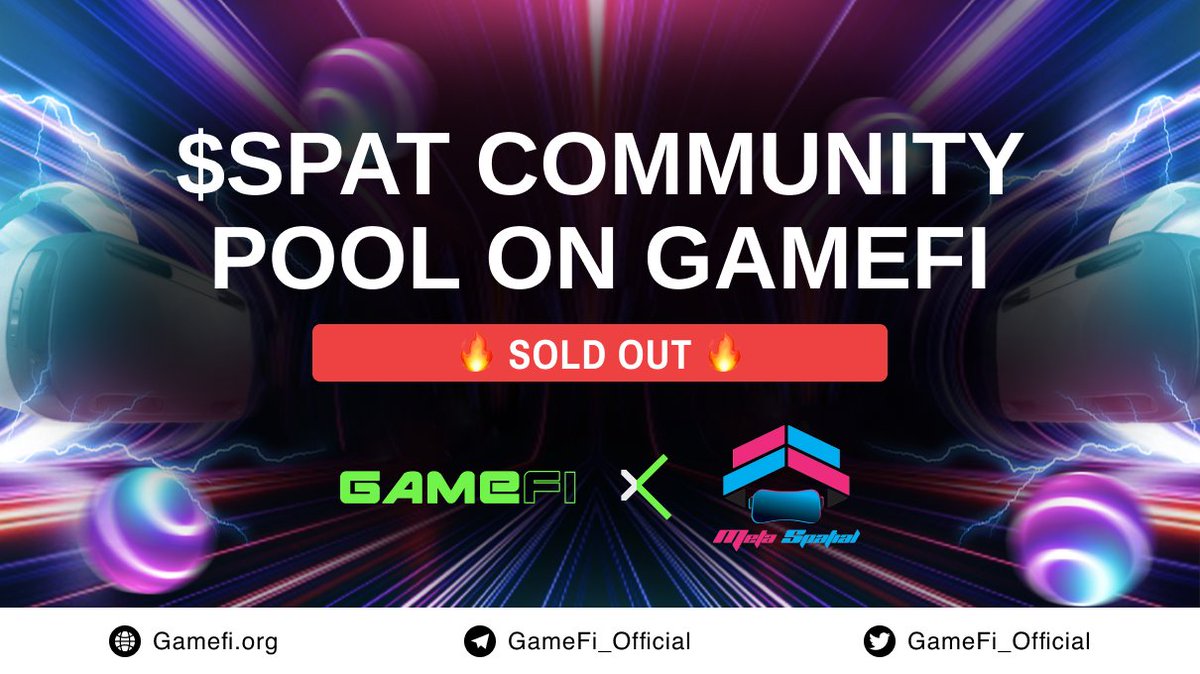 GameFi_Official's tweet photo. 💯Sold out instantly is $SPAT Community pool!!

🍾Congrats to @MetaSpatial_io team! Next schedule to wait for 
🥂Listing time: 2:00 pm UTC, Nov 5
🥂Claiming time: 2:30 pm UTC, Nov 5

#GameFi $GAFI #IGO https://t.co/R8xn8nRq2I